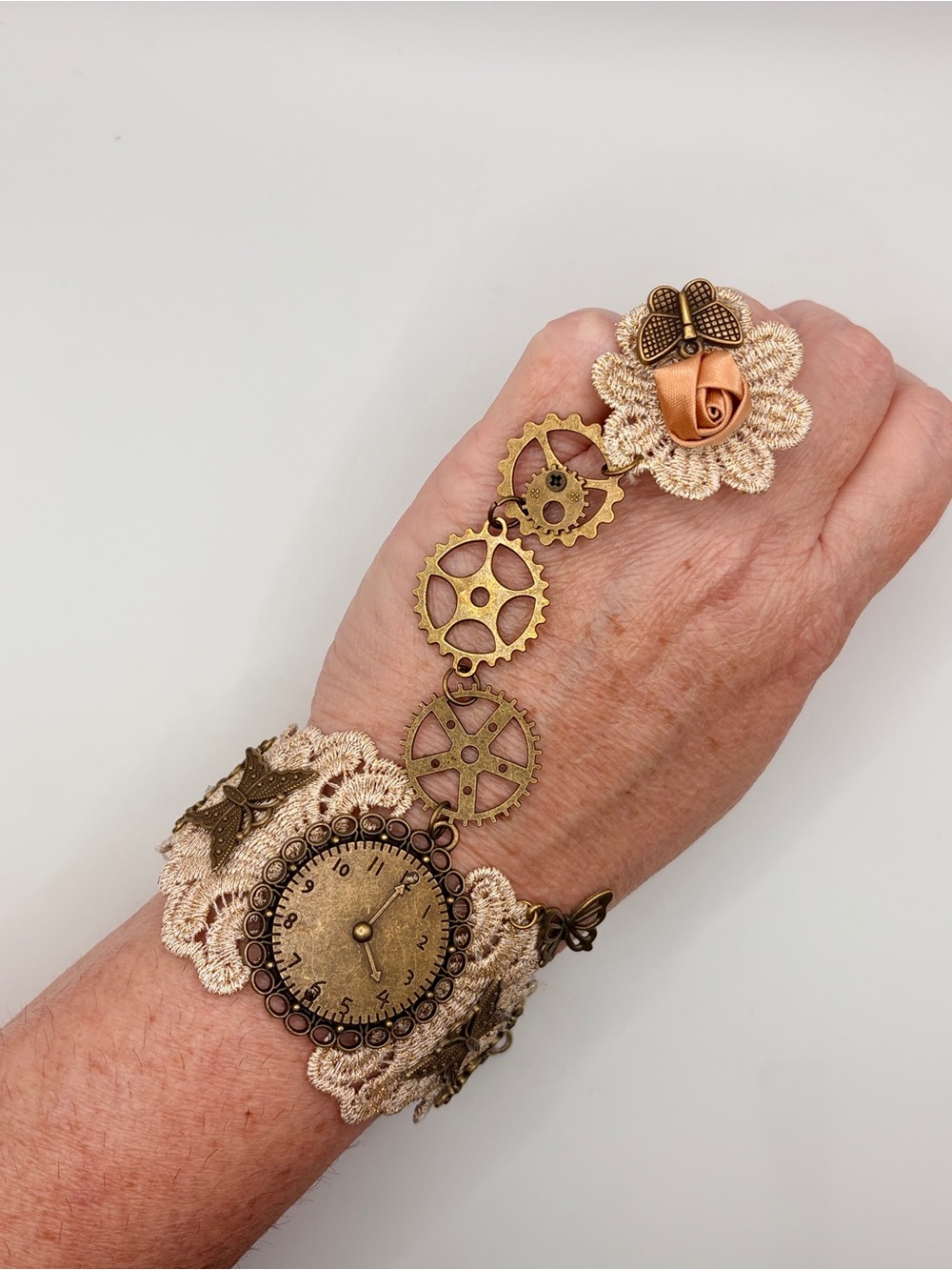 Steampunk Lace Bracelet Ring Set in Antique Brass and Beige